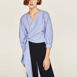 Zara Blue and White Striped Crossover Top